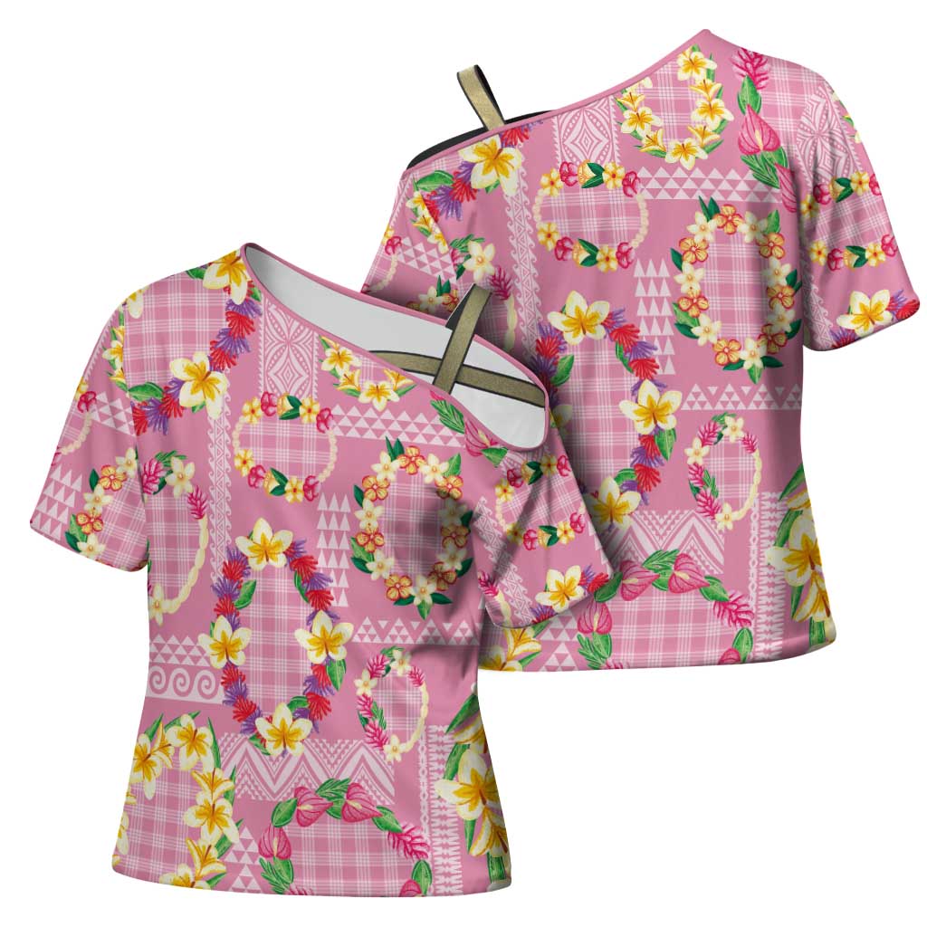 Hawaiian Leis Cross Shoulder Shirt Kakau Tattoos and Palaka Pastel Pink Color LT03 - Polynesian Pride