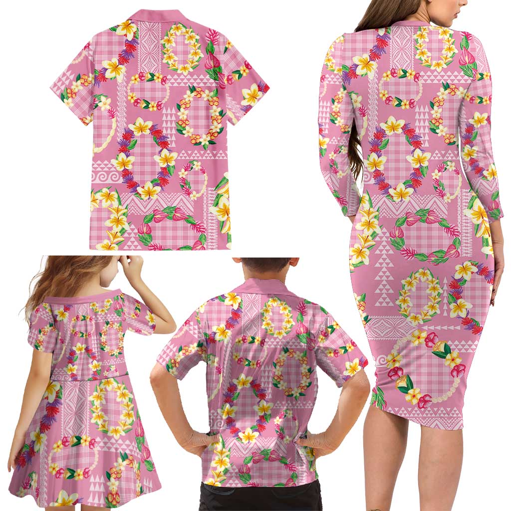 Hawaiian Leis Family Matching Long Sleeve Bodycon Dress and Hawaiian Shirt Kakau Tattoos and Palaka Pastel Pink Color LT03 - Polynesian Pride