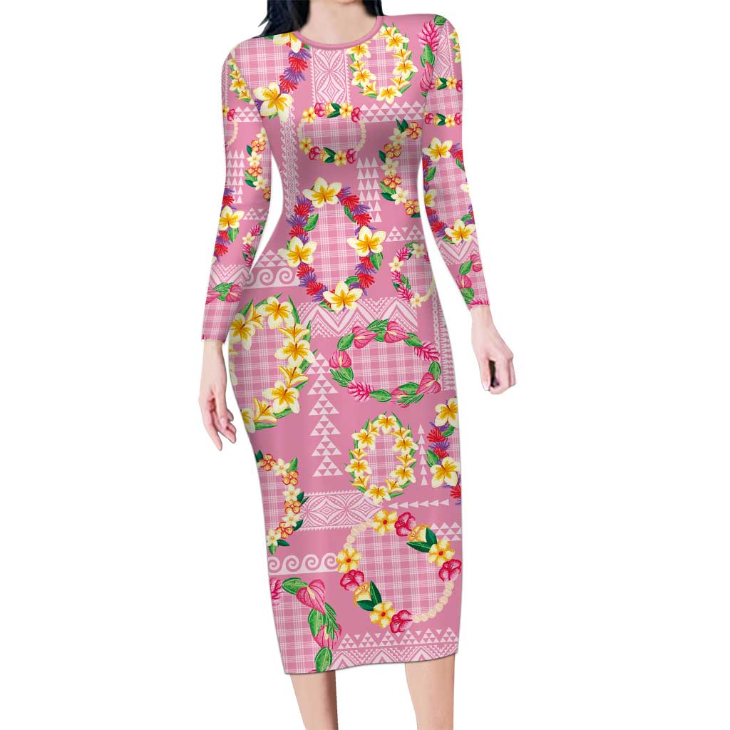 Hawaiian Leis Family Matching Long Sleeve Bodycon Dress and Hawaiian Shirt Kakau Tattoos and Palaka Pastel Pink Color LT03 Mom's Dress Pink - Polynesian Pride
