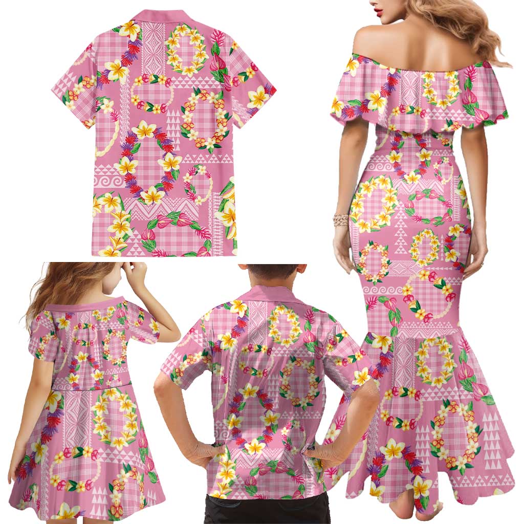 Hawaiian Leis Family Matching Mermaid Dress and Hawaiian Shirt Kakau Tattoos and Palaka Pastel Pink Color LT03 - Polynesian Pride