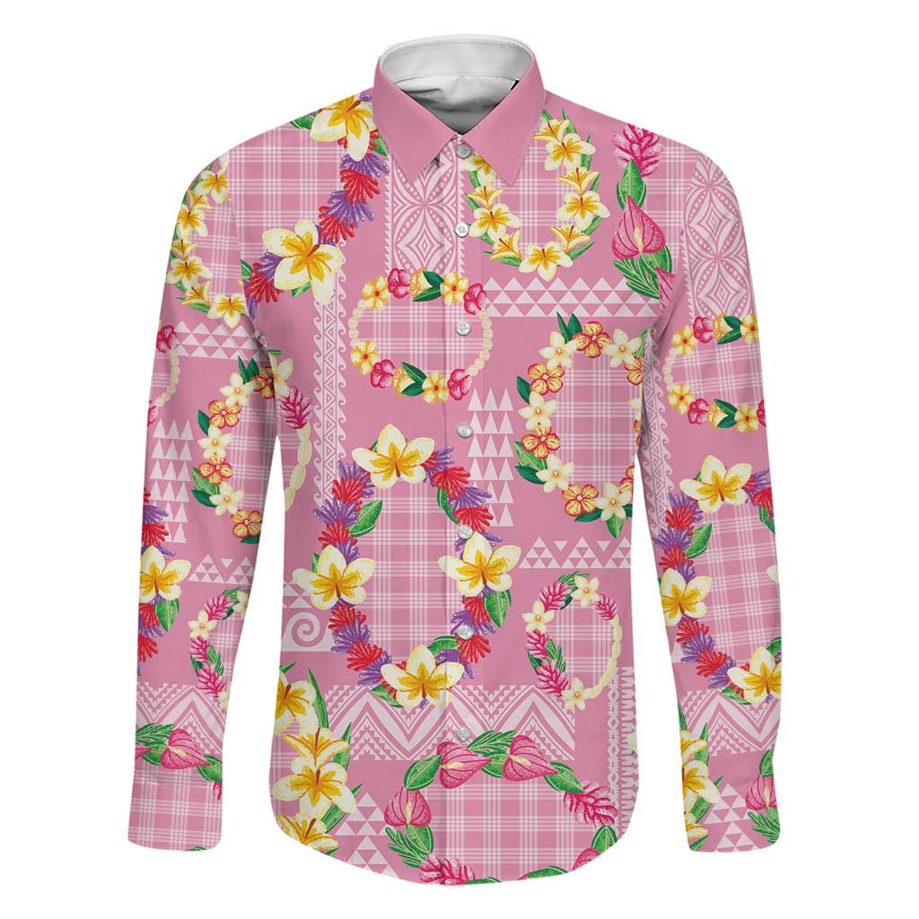 Hawaiian Leis Family Matching Mermaid Dress and Hawaiian Shirt Kakau Tattoos and Palaka Pastel Pink Color LT03 Dad's Shirt - Long Sleeve Pink - Polynesian Pride