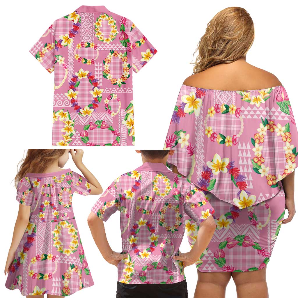 Hawaiian Leis Family Matching Off Shoulder Short Dress and Hawaiian Shirt Kakau Tattoos and Palaka Pastel Pink Color LT03 - Polynesian Pride