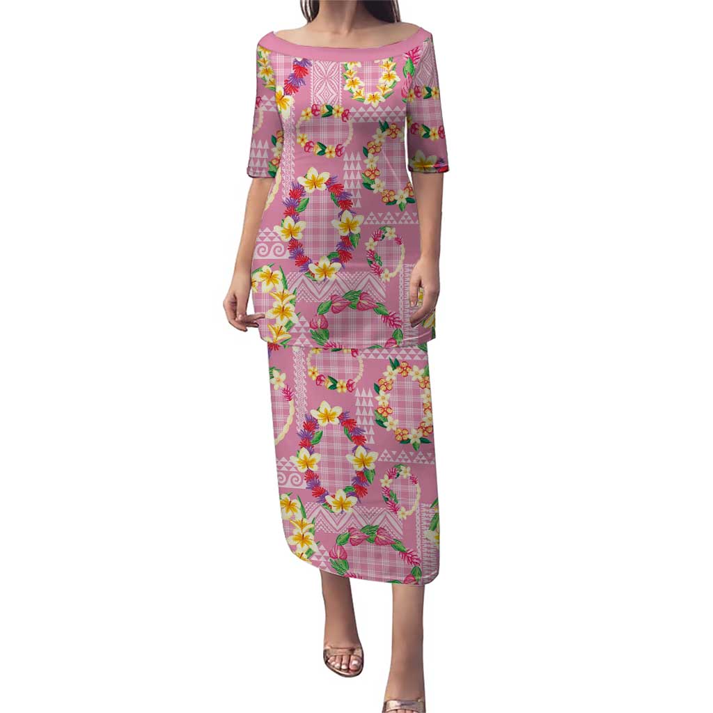 Hawaiian Leis Family Matching Puletasi and Hawaiian Shirt Kakau Tattoos and Palaka Pastel Pink Color LT03 Mom's Dress Pink - Polynesian Pride