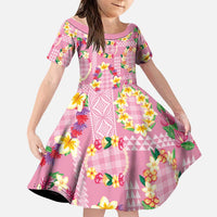 Hawaiian Leis Family Matching Short Sleeve Bodycon Dress and Hawaiian Shirt Kakau Tattoos and Palaka Pastel Pink Color LT03 Daughter's Dress Pink - Polynesian Pride