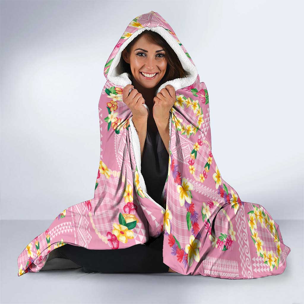 Hawaiian Leis Hooded Blanket Kakau Tattoos and Palaka Pastel Pink Color LT03 - Polynesian Pride