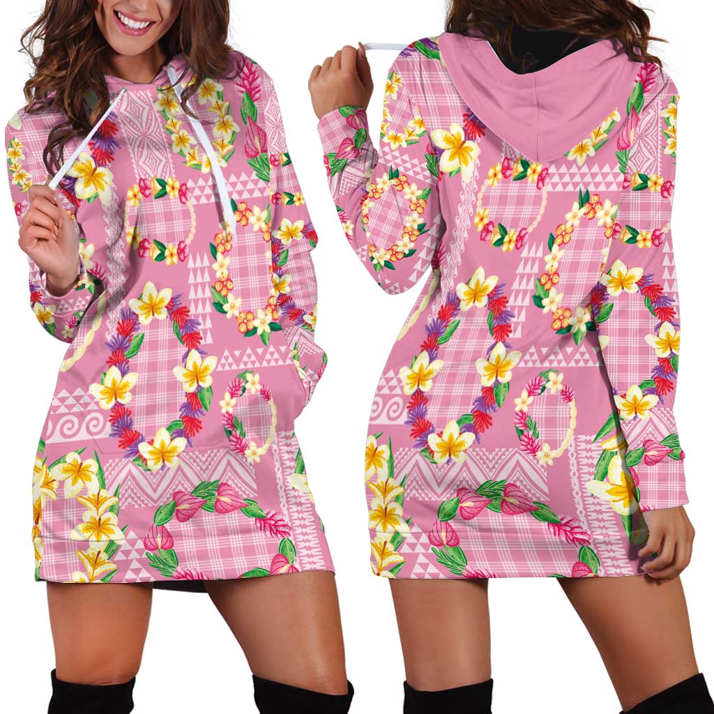 Hawaiian Leis Hoodie Dress Kakau Tattoos and Palaka Pastel Pink Color LT03 - Polynesian Pride