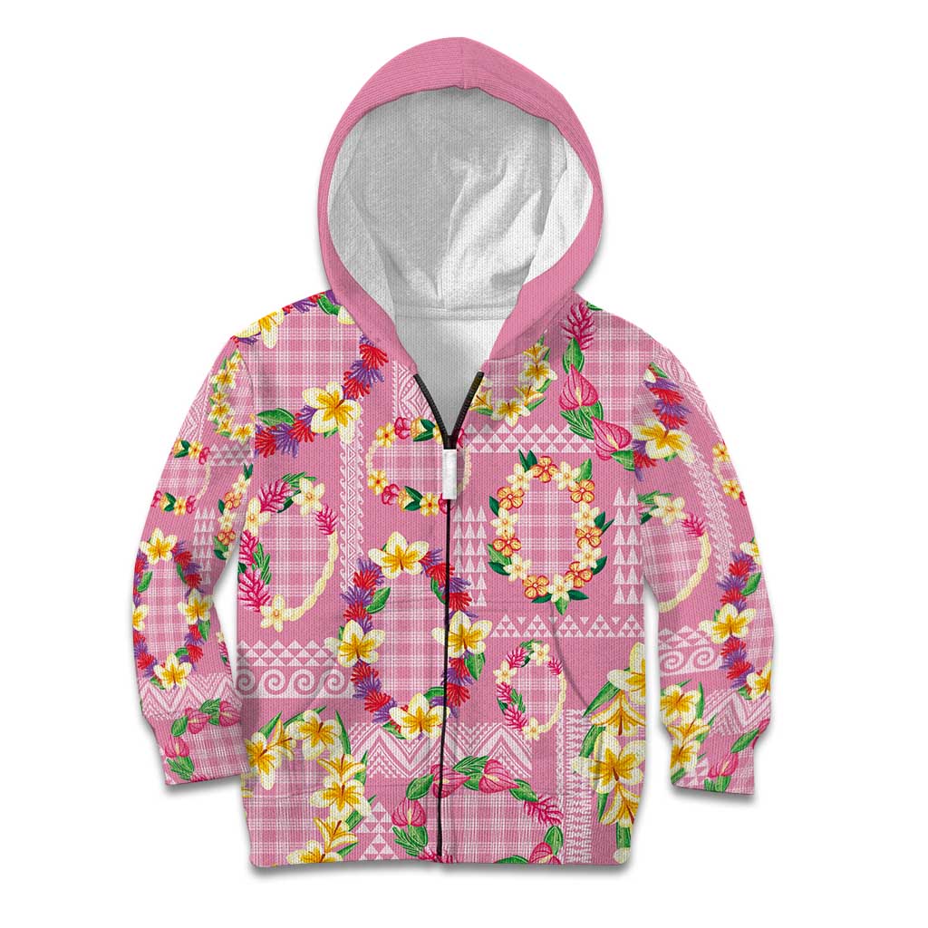 Hawaiian Leis Kid Hoodie Kakau Tattoos and Palaka Pastel Pink Color LT03 Zip Hoodie Pink - Polynesian Pride