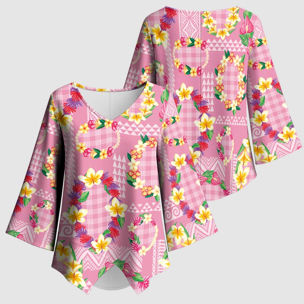 Hawaiian Leis Kimono Sleeve Blouse Kakau Tattoos and Palaka Pastel Pink Color LT03 - Polynesian Pride