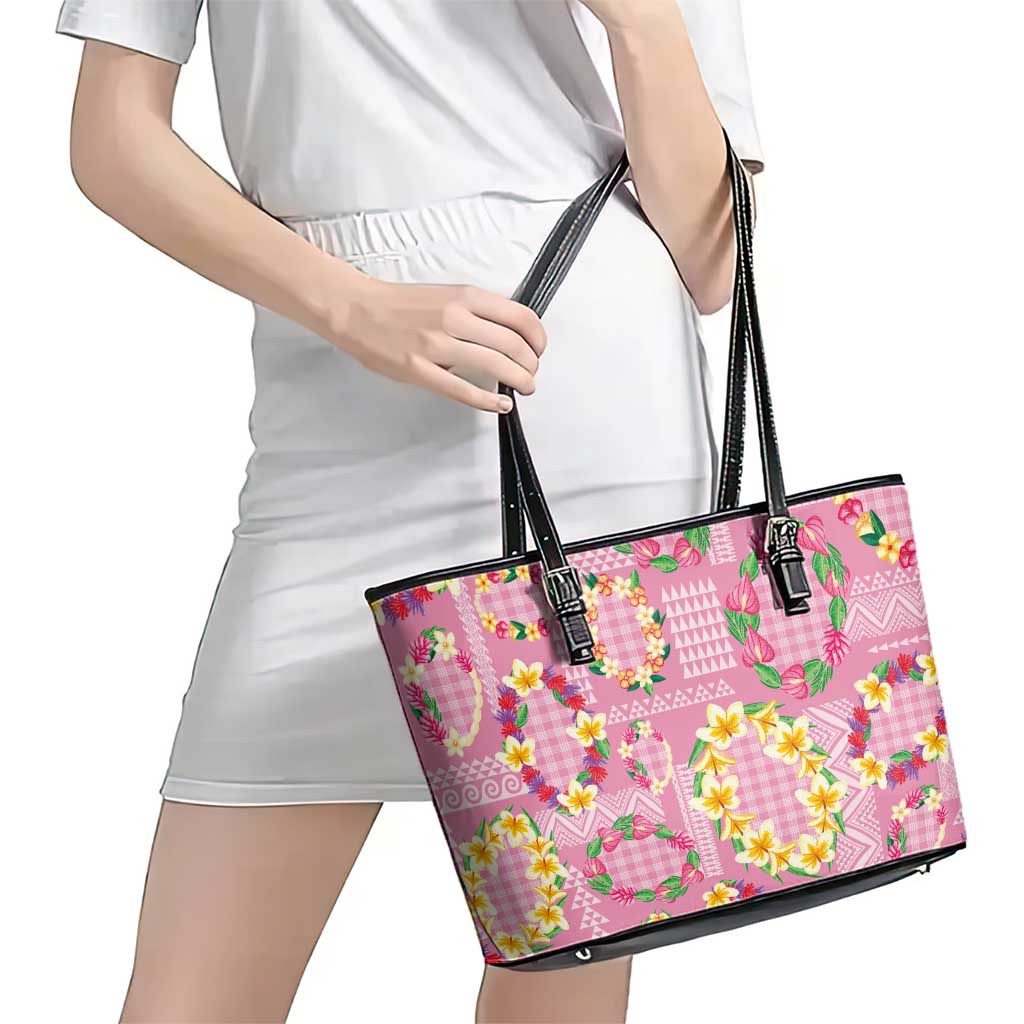Hawaiian Leis Leather Tote Bag Kakau Tattoos and Palaka Pastel Pink Color LT03 - Polynesian Pride