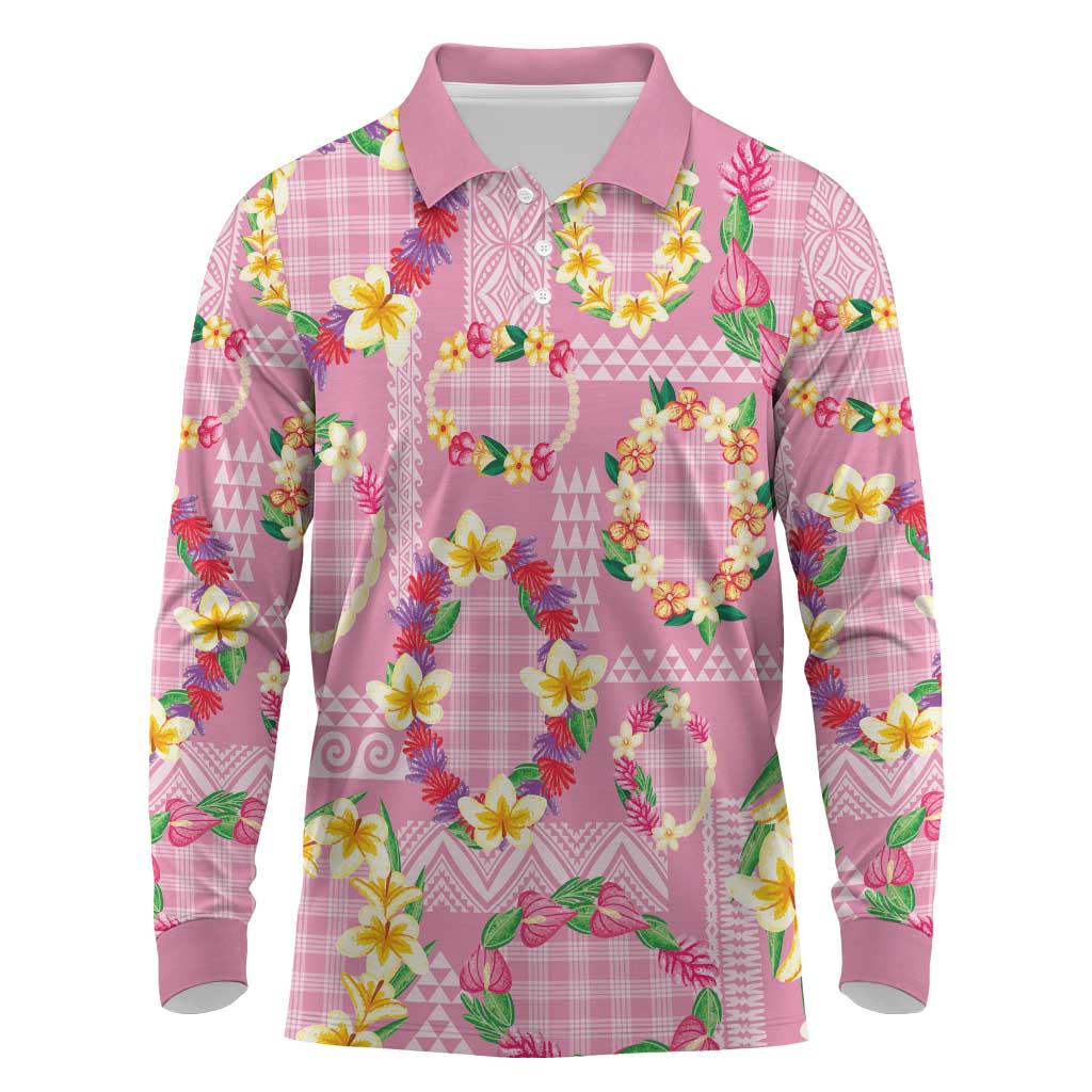 Hawaiian Leis Long Sleeve Polo Shirt Kakau Tattoos and Palaka Pastel Pink Color LT03 Pink - Polynesian Pride