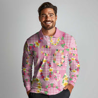 Hawaiian Leis Long Sleeve Polo Shirt Kakau Tattoos and Palaka Pastel Pink Color LT03 - Polynesian Pride