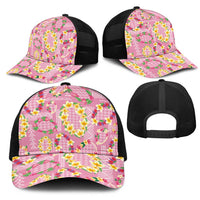 Hawaiian Leis Mesh Trucker Cap Kakau Tattoos and Palaka Pastel Pink Color LT03 - Polynesian Pride