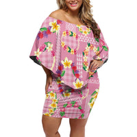 Hawaiian Leis Off Shoulder Short Dress Kakau Tattoos and Palaka Pastel Pink Color LT03 Women Pink - Polynesian Pride