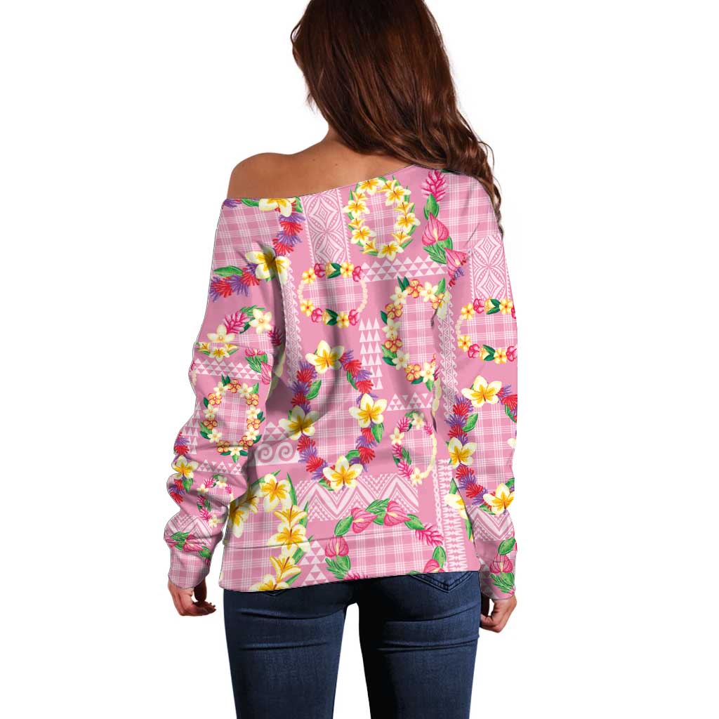 Hawaiian Leis Off Shoulder Sweater Kakau Tattoos and Palaka Pastel Pink Color LT03 - Polynesian Pride