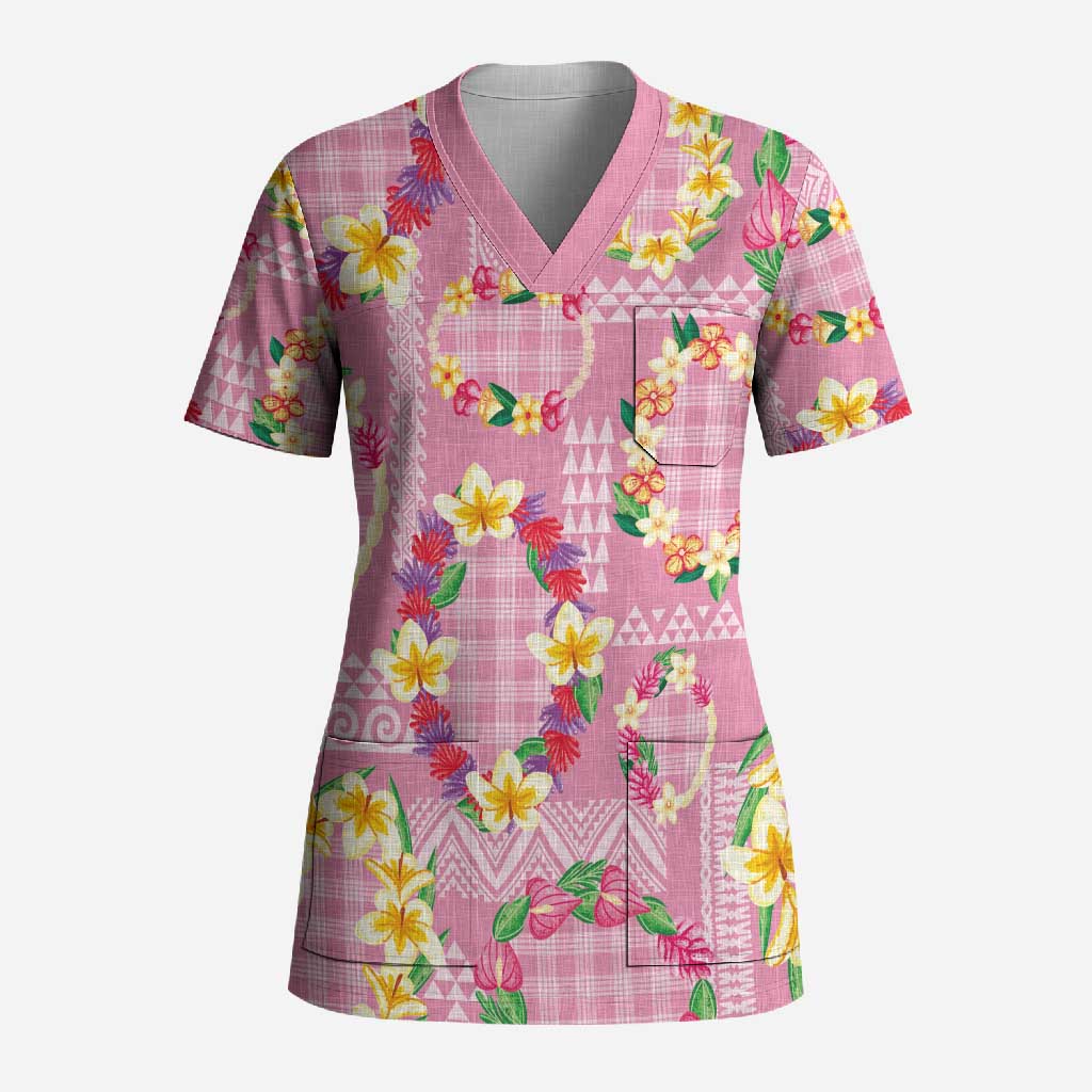 Hawaiian Leis Scrub Top Kakau Tattoos and Palaka Pastel Pink Color LT03 Adult Pink - Polynesian Pride