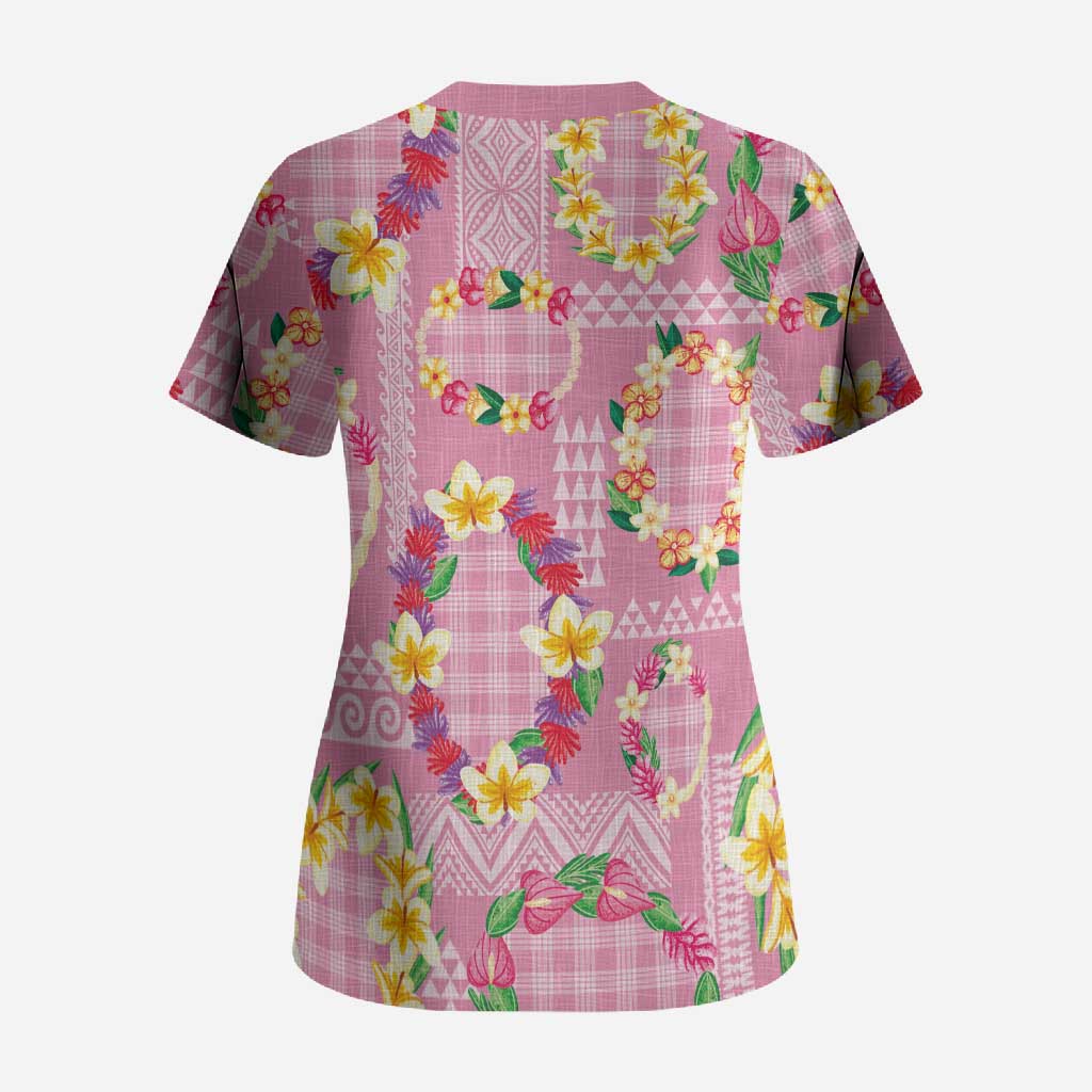 Hawaiian Leis Scrub Top Kakau Tattoos and Palaka Pastel Pink Color LT03 - Polynesian Pride