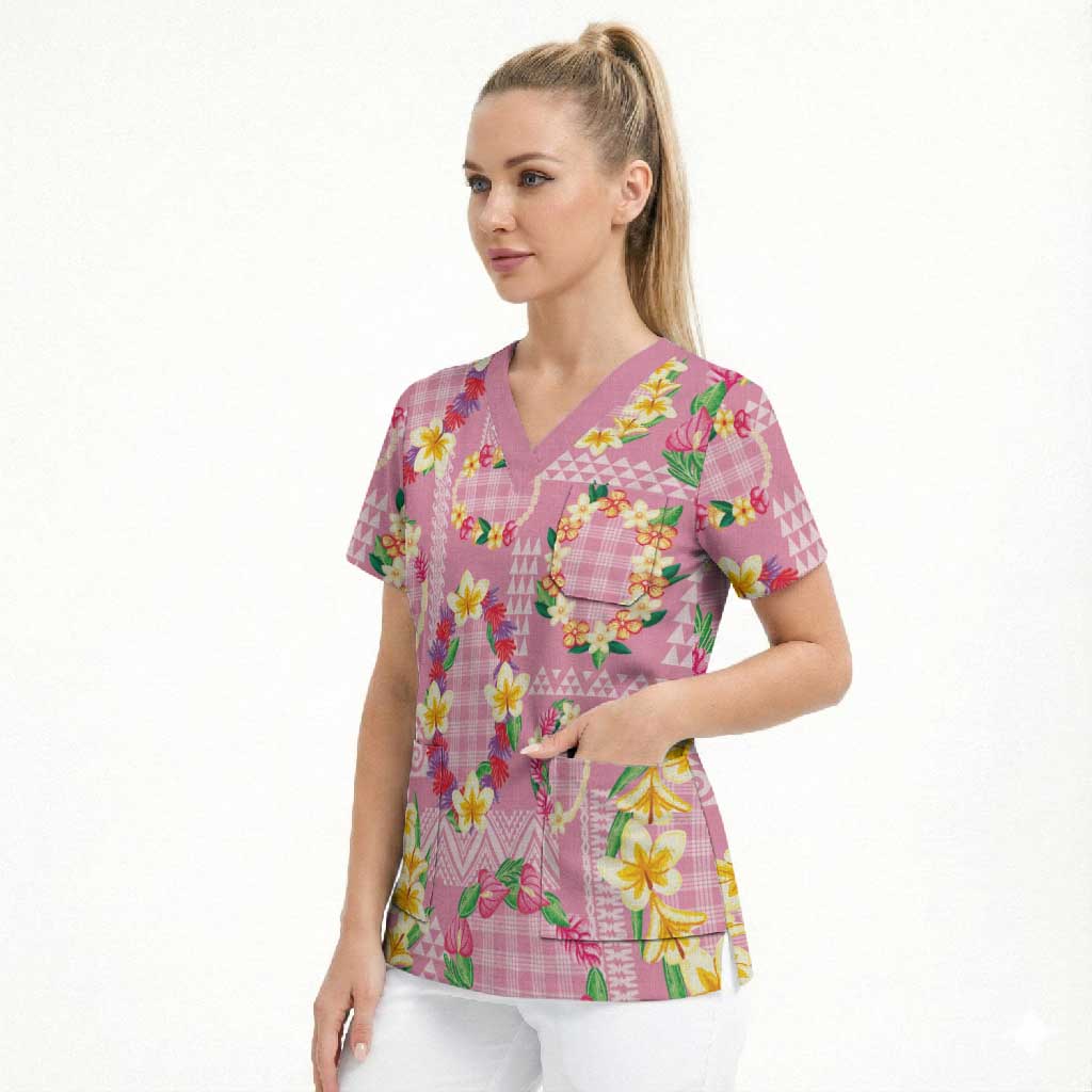 Hawaiian Leis Scrub Top Kakau Tattoos and Palaka Pastel Pink Color LT03 - Polynesian Pride