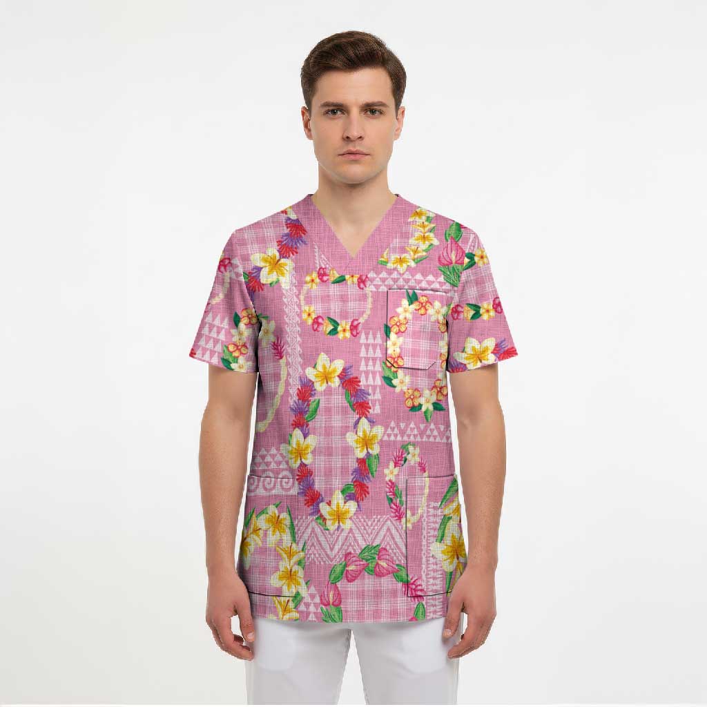 Hawaiian Leis Scrub Top Kakau Tattoos and Palaka Pastel Pink Color LT03 - Polynesian Pride