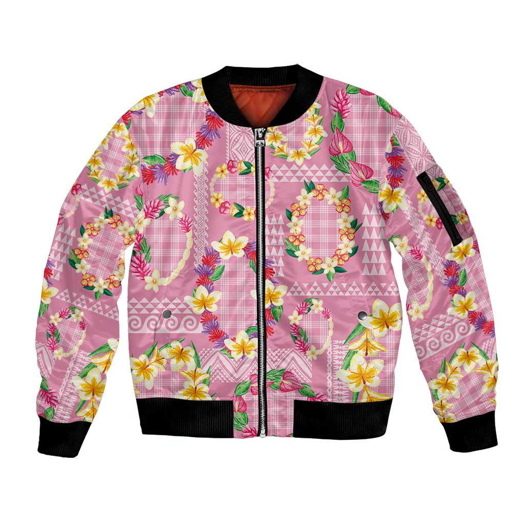 Hawaiian Leis Sleeve Zip Bomber Jacket Kakau Tattoos and Palaka Pastel Pink Color LT03 Unisex Pink - Polynesian Pride