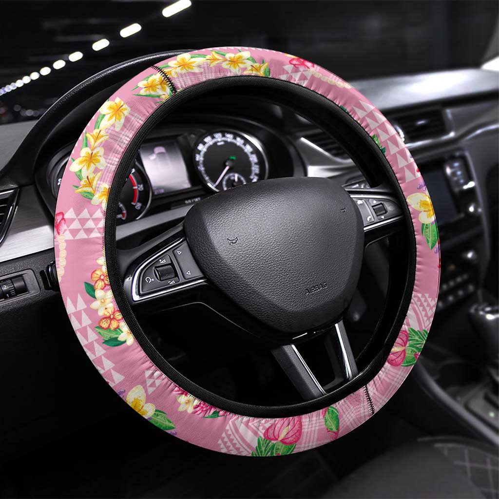 Hawaiian Leis Steering Wheel Cover Kakau Tattoos and Palaka Pastel Pink Color LT03 Universal Fit Pink - Polynesian Pride