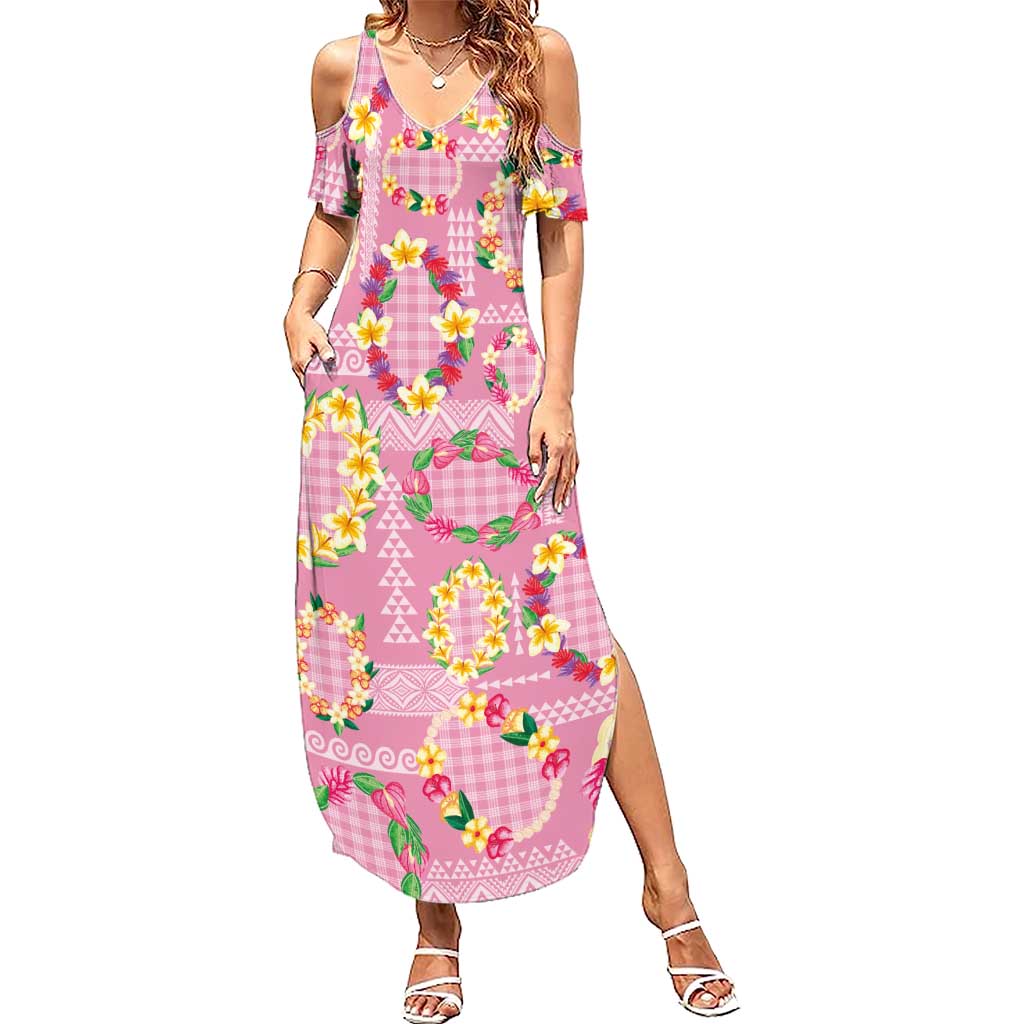 Hawaiian Leis Summer Maxi Dress Kakau Tattoos and Palaka Pastel Pink Color