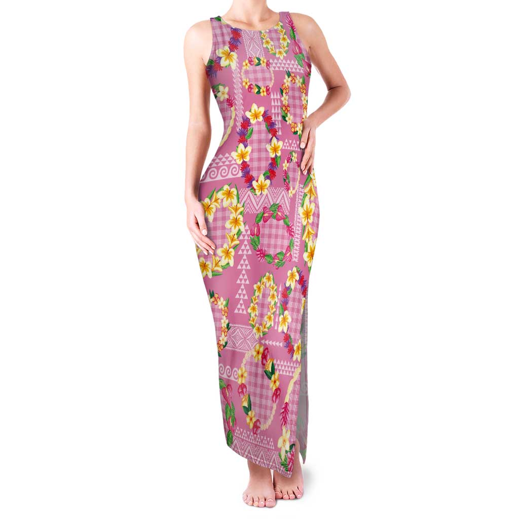 Hawaiian Leis Tank Maxi Dress Kakau Tattoos and Palaka Pastel Pink Color