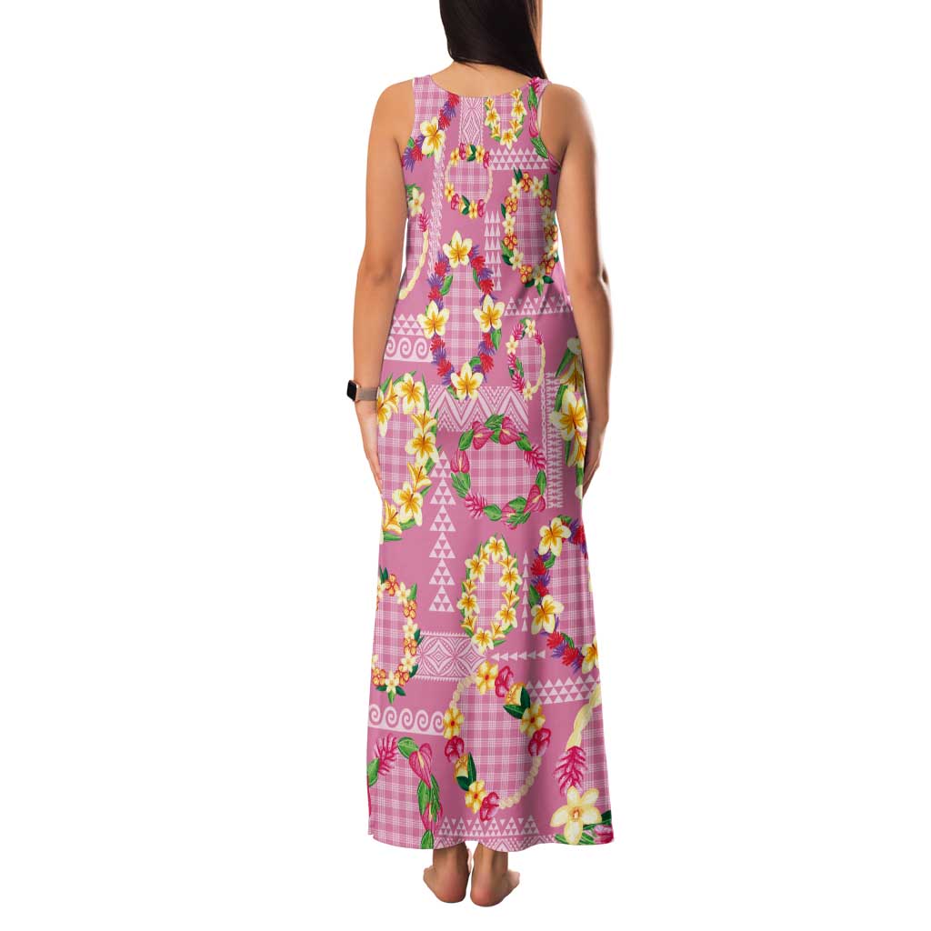 Hawaiian Leis Tank Maxi Dress Kakau Tattoos and Palaka Pastel Pink Color LT03 - Polynesian Pride
