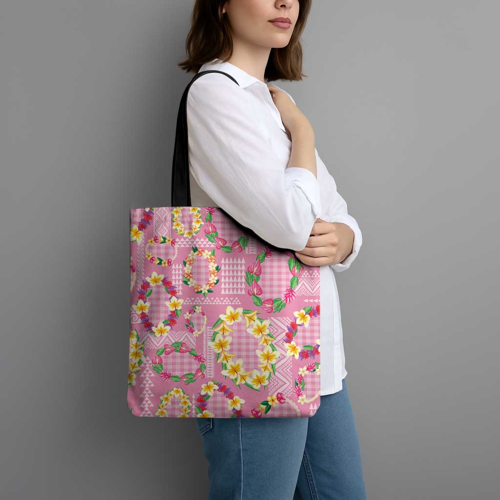 Hawaiian Leis Tote Bag Kakau Tattoos and Palaka Pastel Pink Color LT03 - Polynesian Pride