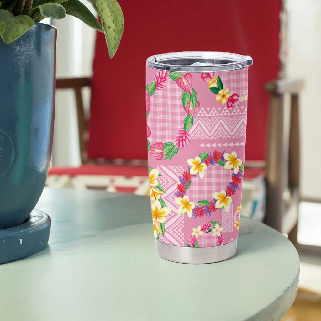 Hawaiian Leis Tumbler Cup Kakau Tattoos and Palaka Pastel Pink Color LT03 - Polynesian Pride