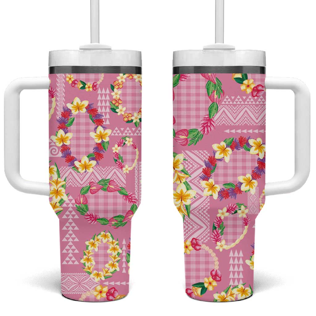 Hawaiian Leis Tumbler With Handle Kakau Tattoos and Palaka Pastel Pink Color LT03 One Size: 40 oz Pink - Polynesian Pride