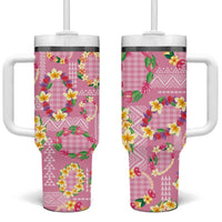 Hawaiian Leis Tumbler With Handle Kakau Tattoos and Palaka Pastel Pink Color LT03 One Size: 40 oz Pink - Polynesian Pride