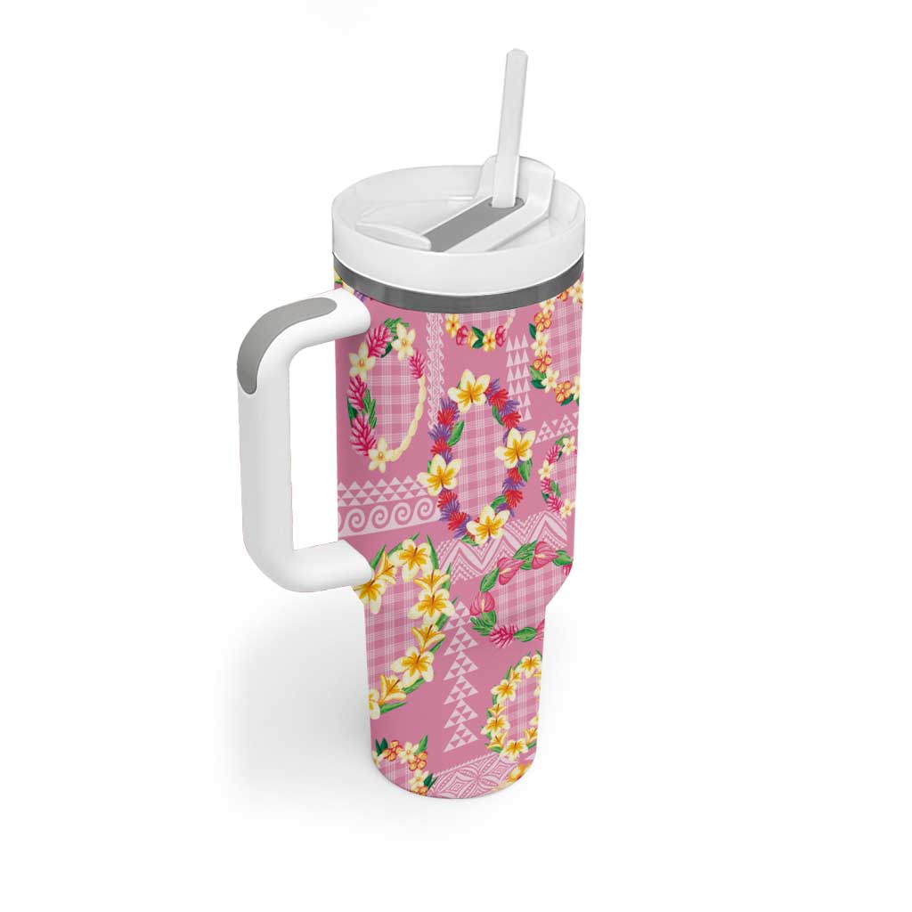Hawaiian Leis Tumbler With Handle Kakau Tattoos and Palaka Pastel Pink Color LT03 - Polynesian Pride