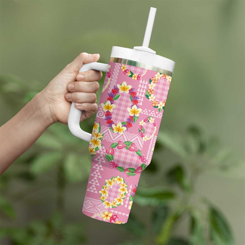 Hawaiian Leis Tumbler With Handle Kakau Tattoos and Palaka Pastel Pink Color LT03 - Polynesian Pride