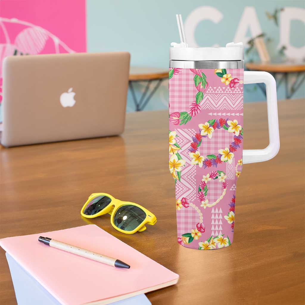 Hawaiian Leis Tumbler With Handle Kakau Tattoos and Palaka Pastel Pink Color LT03 - Polynesian Pride