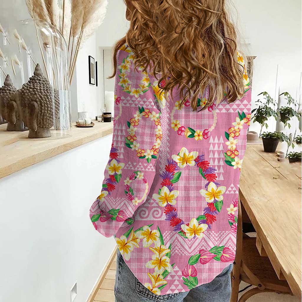 Hawaiian Leis Women Casual Shirt Kakau Tattoos and Palaka Pastel Pink Color LT03 - Polynesian Pride