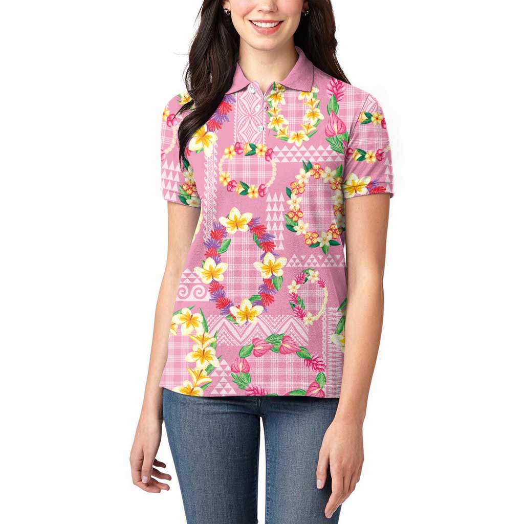 Hawaiian Leis Women Polo Shirt Kakau Tattoos and Palaka Pastel Pink Color LT03 - Polynesian Pride