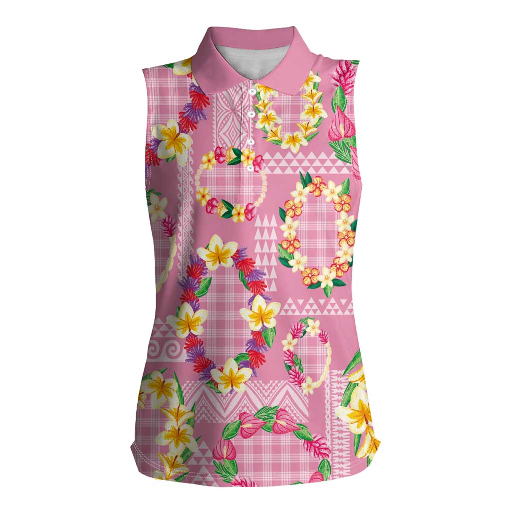Hawaiian Leis Women Sleeveless Polo Shirt Kakau Tattoos and Palaka Pastel Pink Color