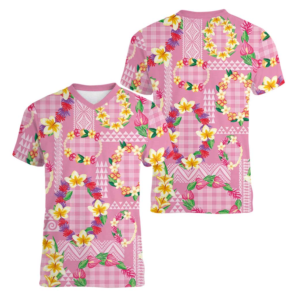 Hawaiian Leis Women V-Neck T-Shirt Kakau Tattoos and Palaka Pastel Pink Color LT03 - Polynesian Pride