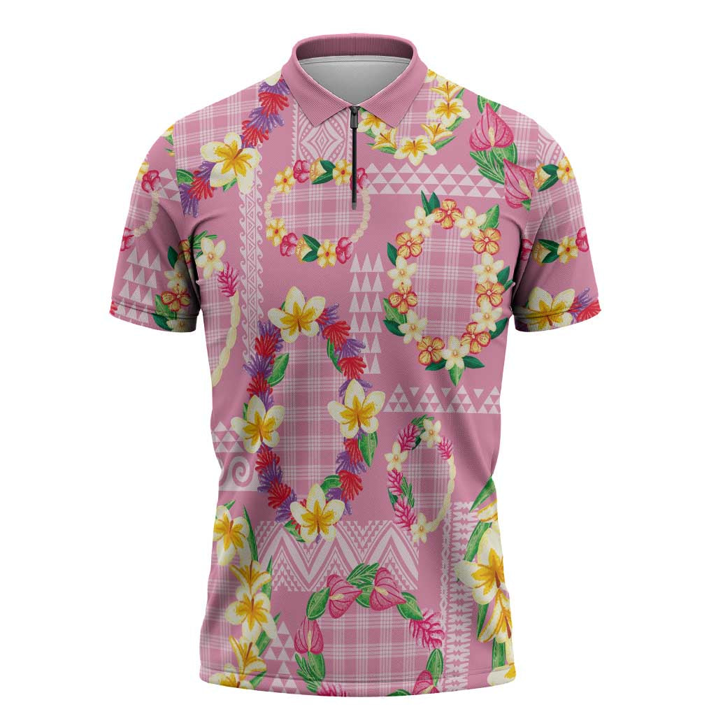 Hawaiian Leis Zipper Polo Shirt Kakau Tattoos and Palaka Pastel Pink Color LT03 Pink - Polynesian Pride