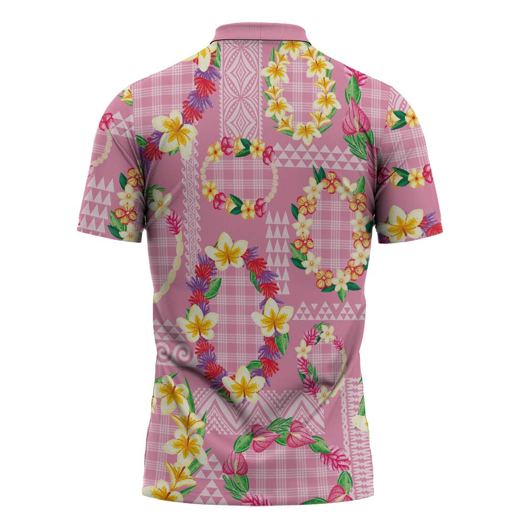Hawaiian Leis Zipper Polo Shirt Kakau Tattoos and Palaka Pastel Pink Color LT03 - Polynesian Pride