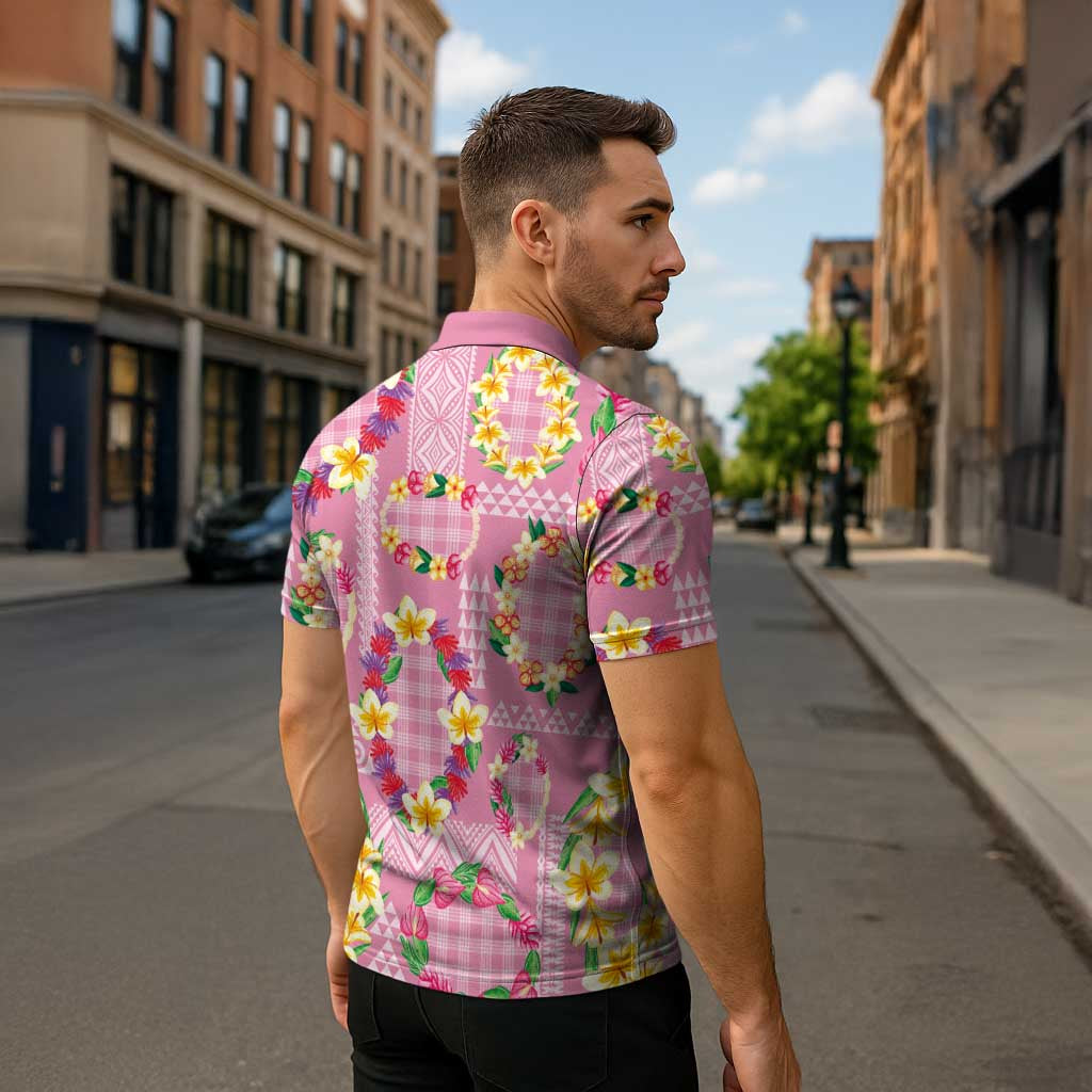 Hawaiian Leis Zipper Polo Shirt Kakau Tattoos and Palaka Pastel Pink Color LT03 - Polynesian Pride