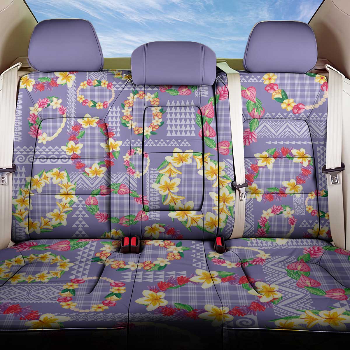 Hawaiian Leis Back Car Seat Cover Kakau Tattoos and Palaka Pastel Purple Color LT03 One Size Purple - Polynesian Pride