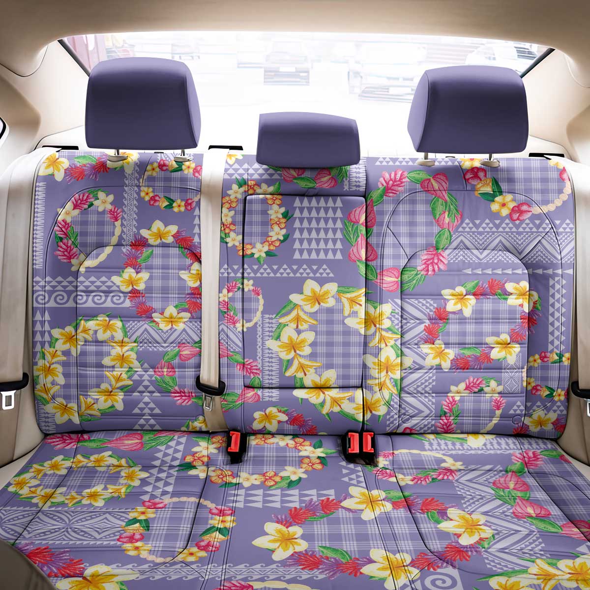Hawaiian Leis Back Car Seat Cover Kakau Tattoos and Palaka Pastel Purple Color LT03 - Polynesian Pride