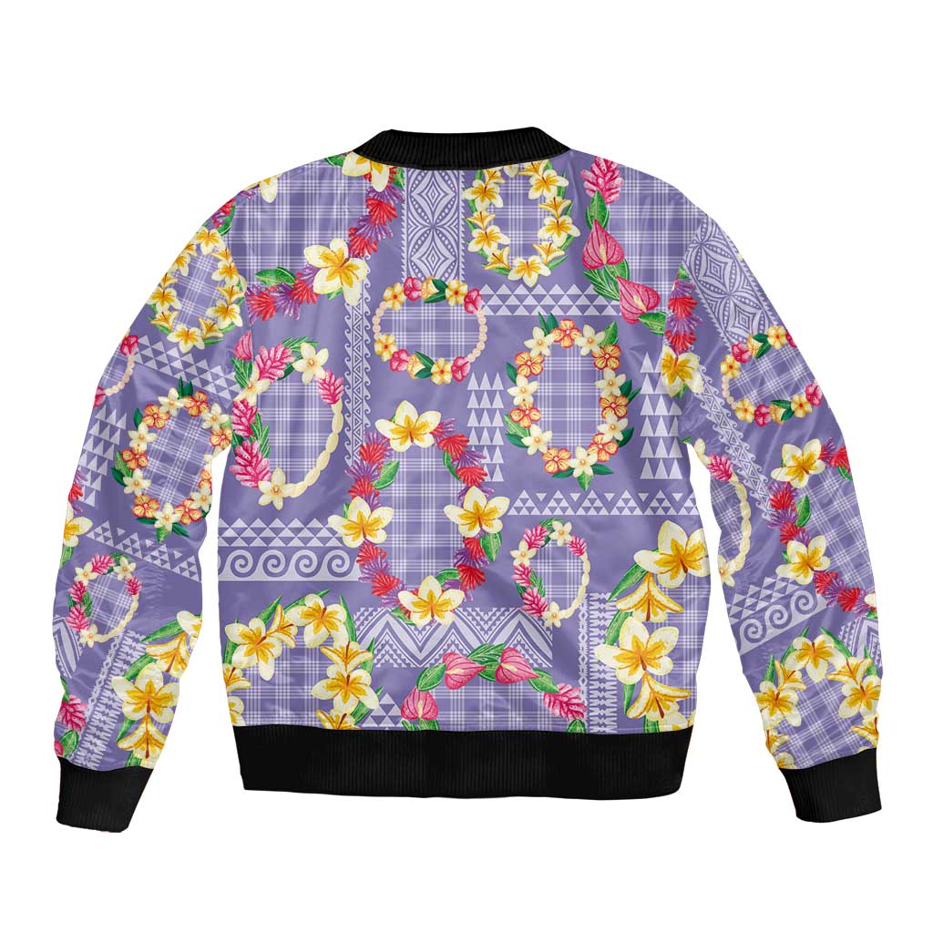 Hawaiian Leis Bomber Jacket Kakau Tattoos and Palaka Pastel Purple Color LT03 - Polynesian Pride