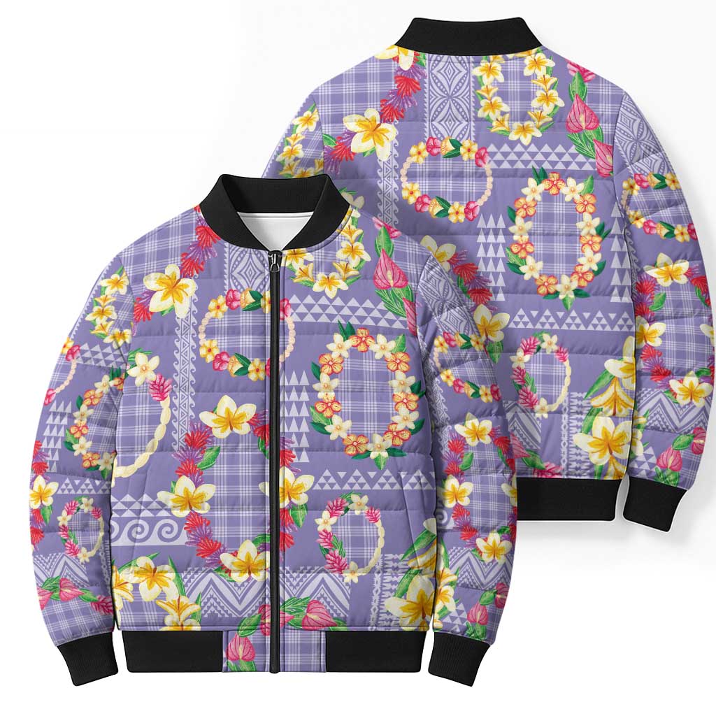 Hawaiian Leis Bomber Puffer Jacket Kakau Tattoos and Palaka Pastel Purple Color LT03 - Polynesian Pride