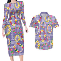 Hawaiian Leis Couples Matching Long Sleeve Bodycon Dress and Hawaiian Shirt Kakau Tattoos and Palaka Pastel Purple Color LT03 Purple - Polynesian Pride