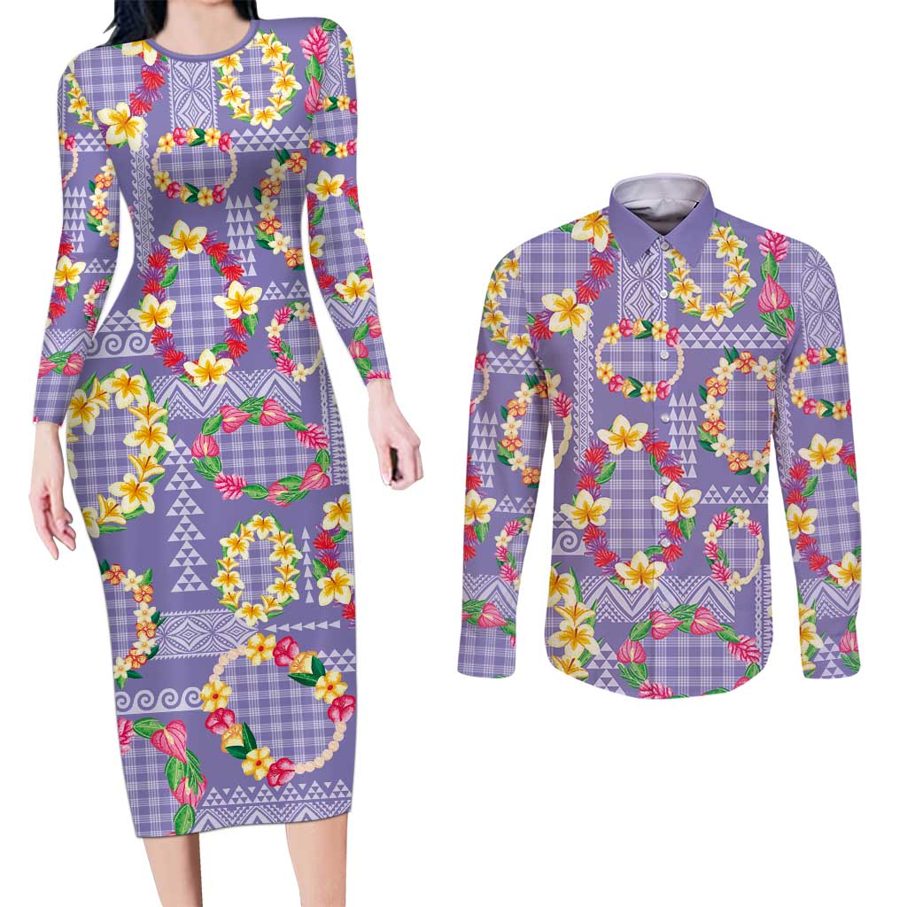 Hawaiian Leis Couples Matching Long Sleeve Bodycon Dress and Long Sleeve Button Shirt Kakau Tattoos and Palaka Pastel Purple Color