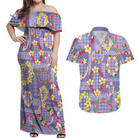 Hawaiian Leis Couples Matching Off Shoulder Maxi Dress and Hawaiian Shirt Kakau Tattoos and Palaka Pastel Purple Color LT03 Purple - Polynesian Pride