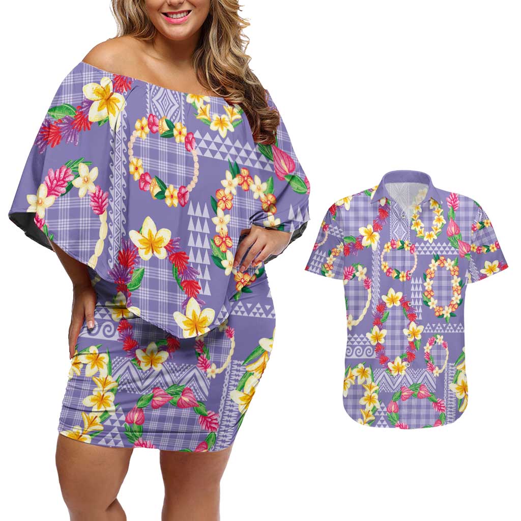 Hawaiian Leis Couples Matching Off Shoulder Short Dress and Hawaiian Shirt Kakau Tattoos and Palaka Pastel Purple Color