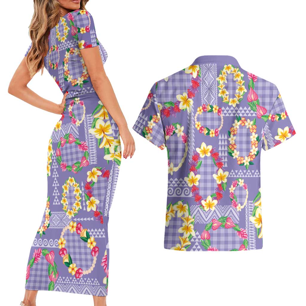 Hawaiian Leis Couples Matching Short Sleeve Bodycon Dress and Hawaiian Shirt Kakau Tattoos and Palaka Pastel Purple Color LT03 - Polynesian Pride